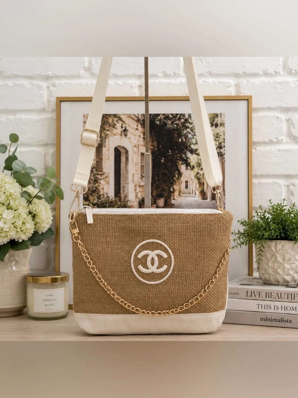 CHANEL Beige Canvas & White Crossbody Cosmetic Bag with Gold Chain